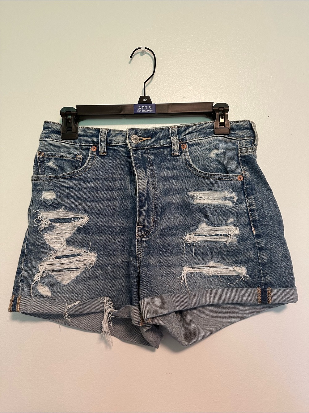 American Eagle Outfitters Distressed Rolled-Hem Jean Shorts - Medium Blue